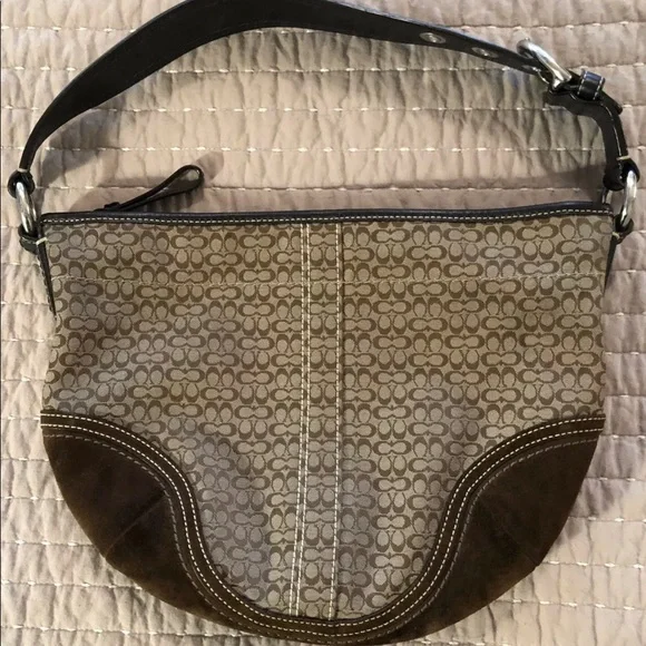 Coach Signature Logo Suede Womens Brown Tan Hobo Shoukder Bag Purse F0732-F10924 - Picture 2 of 12